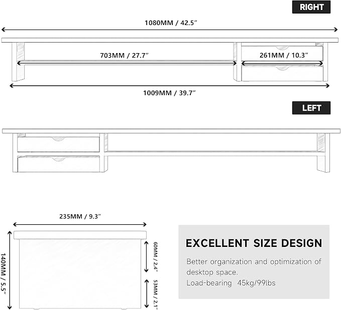 Fenge Monitor Stand, Dual Monitor Riser, 42.5inch Large Desk Computer Monitor