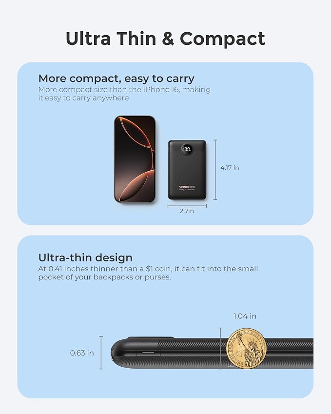 VEEKTOMX Mini Portable Charger 10000mAh, 22.5W Fast-Charging Portable Power