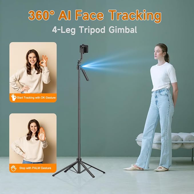 AI Face Tracking Tripod with Remote 360° Auto Rotation Selfie Stick Tripod