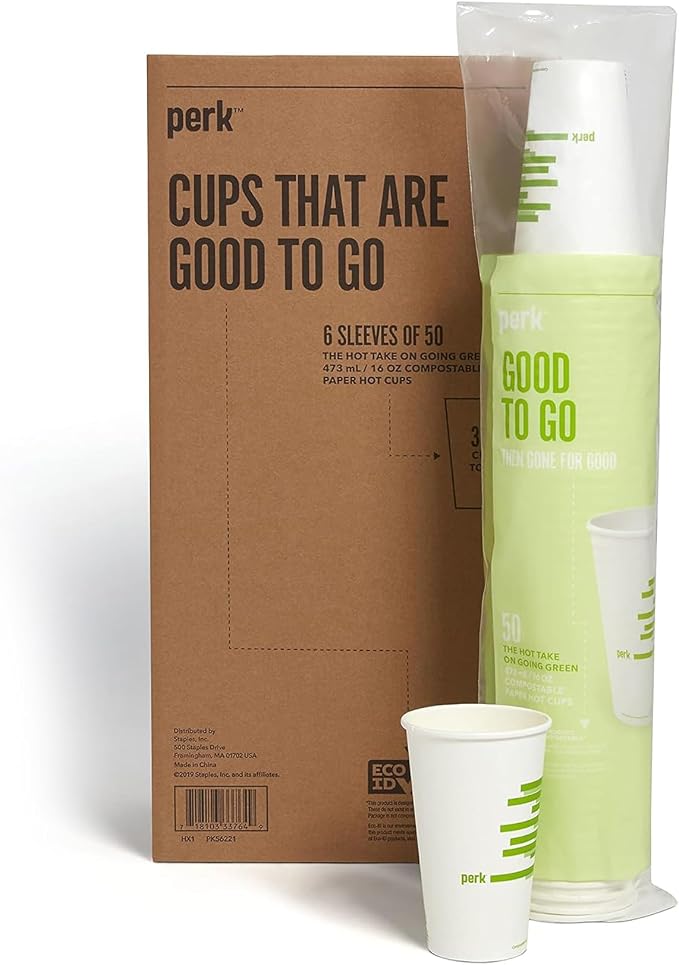 Perk Compostable Paper Hot Cups, 16 oz White/Green, Disposable Coffee Cups