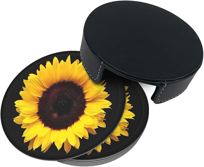 6 Pcs Black Farmhouse Blossom Sunflower Leather Coasters