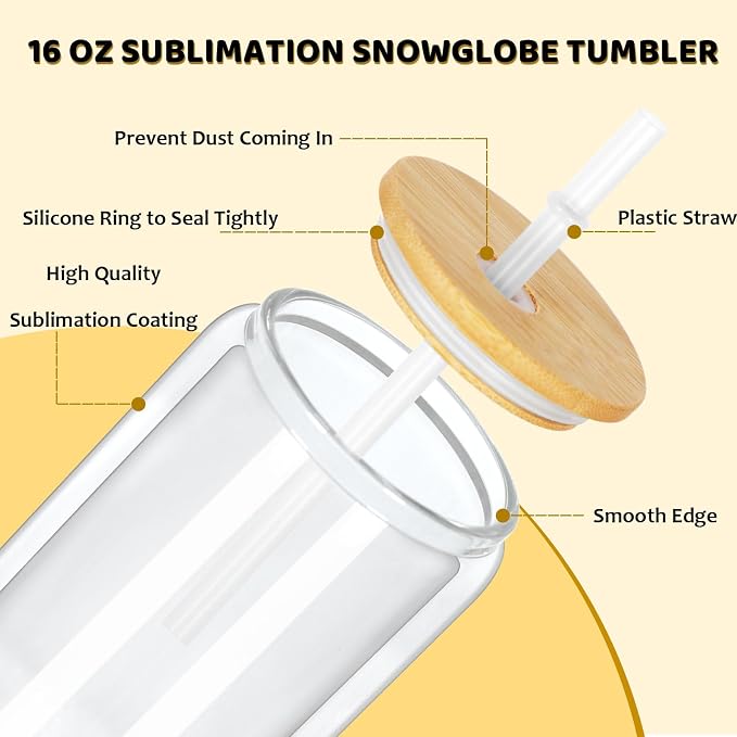 16 Oz Snow Globe Tumbler, 6 Pack Pre-Drilled Sublimation Glass Cup