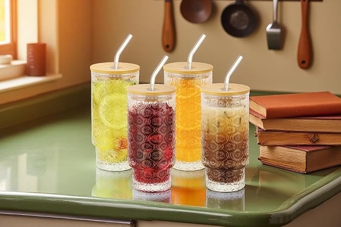 Vintage Glass Cups with Bamboo Lids and Straws–4Sets 11oz Iced Coffee Cups