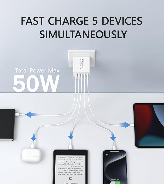 2Pack USB C Fast Charger Block, 50W 5-Port USB C Wall Charger Brick, 2 USB A &