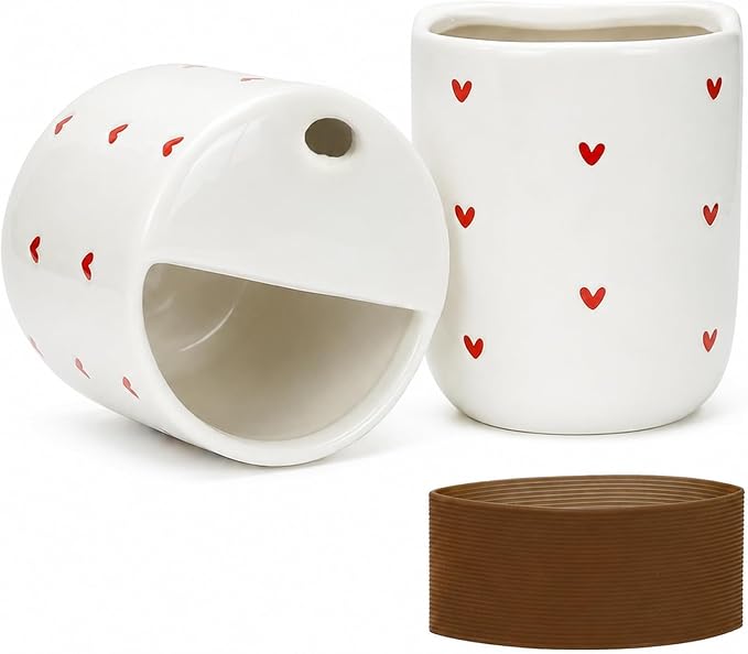 To Go Ceramic Coffee Cups with Lids, Romantic Red Hearts Ceramic Traval Mug