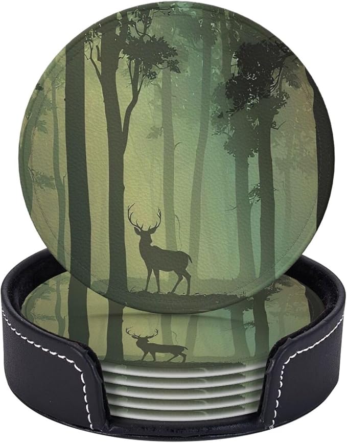 6 Pcs Deciduous Forest Bird Deer Leather Coasters