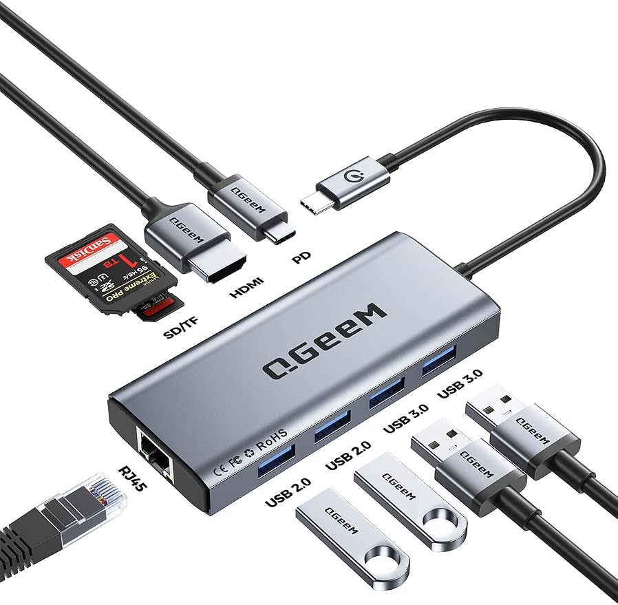 QGeeM USB C Hub Ethernet, 9 in 1 USB Type C Hub HDMI Multi-Port Converter