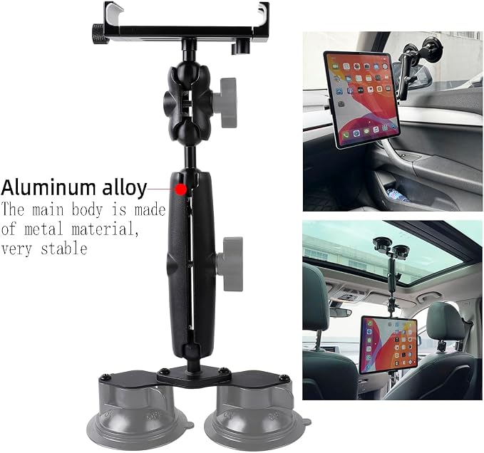 Aluminum Tablet Holder for All iPad, 360° adjustable Secure Double Suction Cup