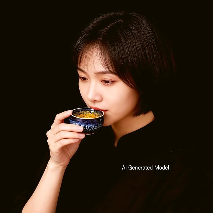 Tenmoku Ceramic Tea Cup with Lotus, 3 oz Chinese Small Teacup | Handmade