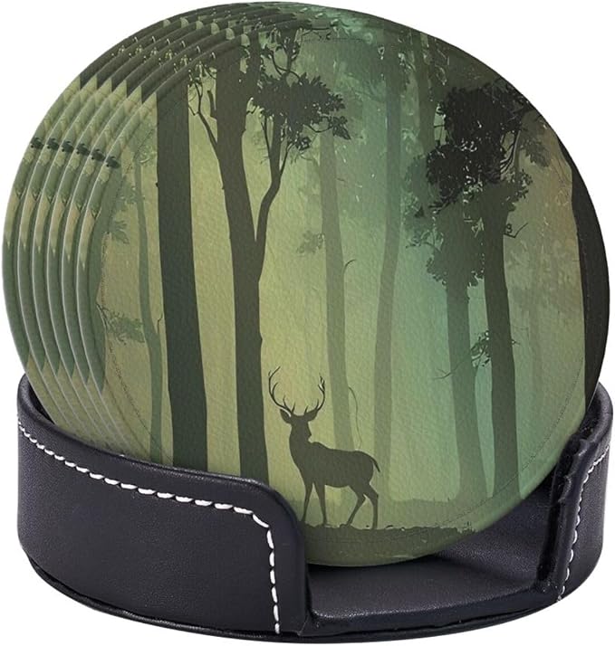 6 Pcs Deciduous Forest Bird Deer Leather Coasters