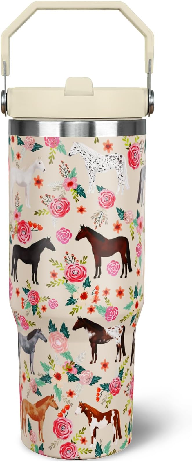 30 oz Horse Tumbler with Handle and Flip Straw, Vacuum Insulated Water Bottle