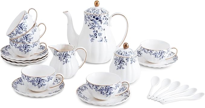 Ceramic Tea Set Vintage Floral, Teapot， Cup and Saucer Set, Sugar Bowl and