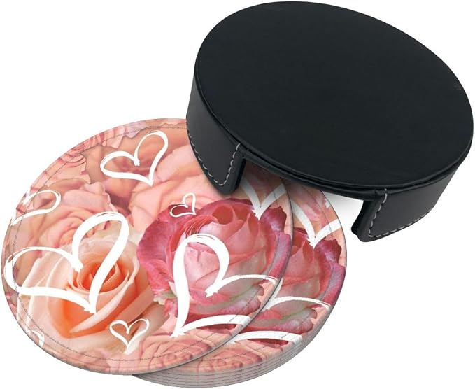 Drink Coasters with Holder Stand Set of 6, Heart Pink Rose Flower Pu Leather