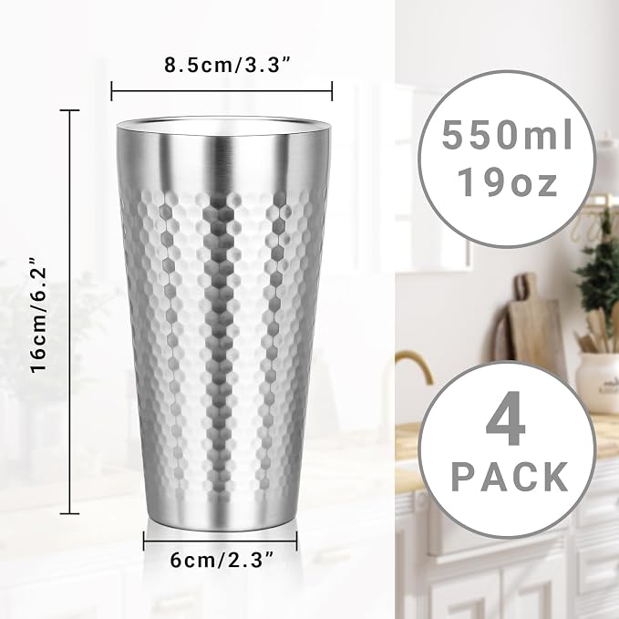 Metal Cup, 19 oz Insulated Tumbler, 4 Pack Double Wall Unbreakable Stackable