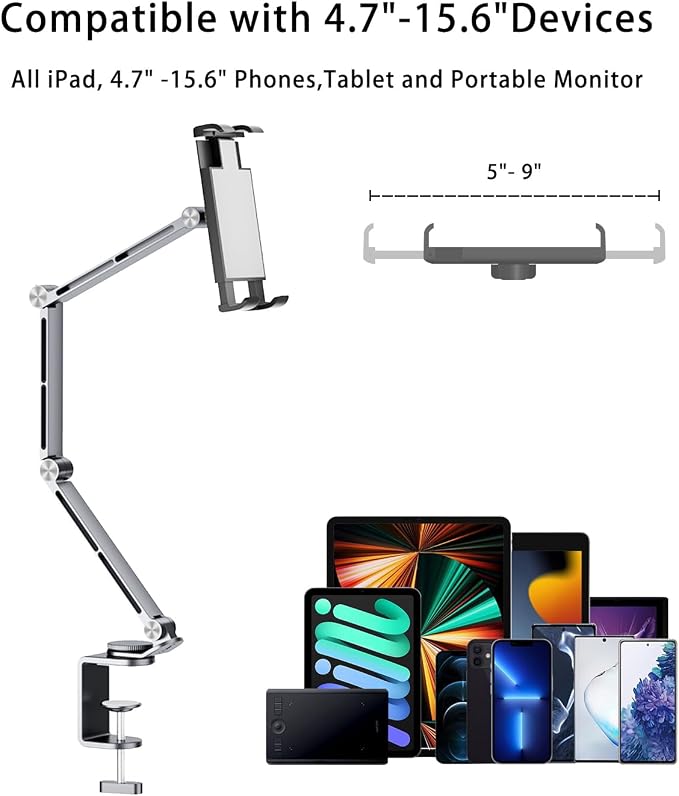 iPad Mount for Desk Aluminum Alloy Tablet Stand Foldable Overhead Arm Holder