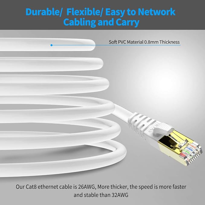 KASIMO CAT 8 Ethernet Cable Shielded SFTP Internet Network Patch Cord, Heavy