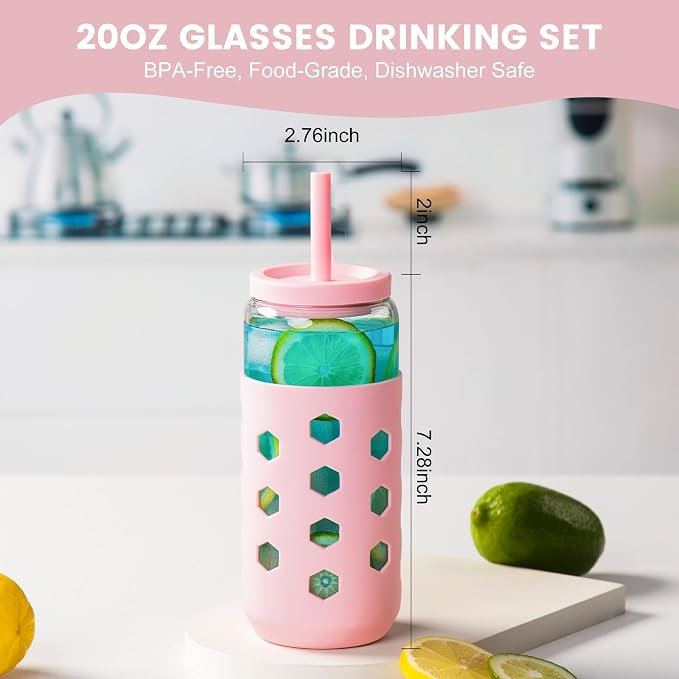 Mrsdry 20 oz Glass Cups with Lids and Straws