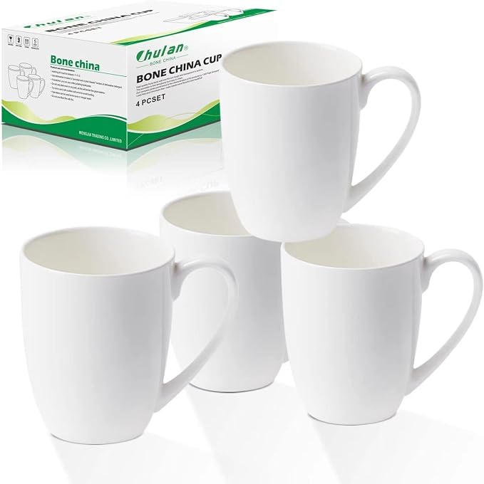Chulan White Over 45% Bone Content Fine Bone China Coffee Mugs 10 oz,