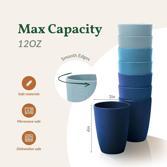 Homienly Wheat Straw Cups Set of 8, 12oz Drinking Cups, Plastic Cups Reusable