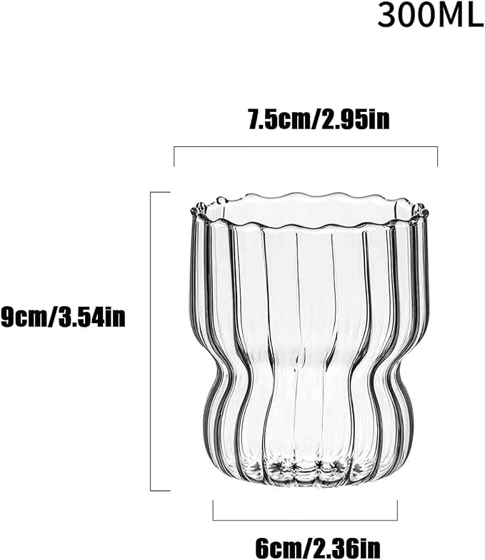 MANMAOHE 10 Oz Ribbed Glass Cups Set of 2 Creative Wavy Drinking Glasses