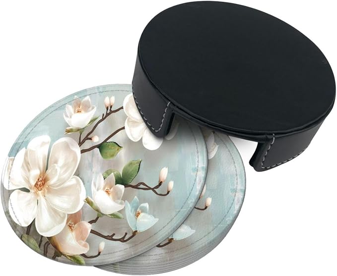 6 Pcs Spring White Blossom Magnolia Flowers Leather Coasters