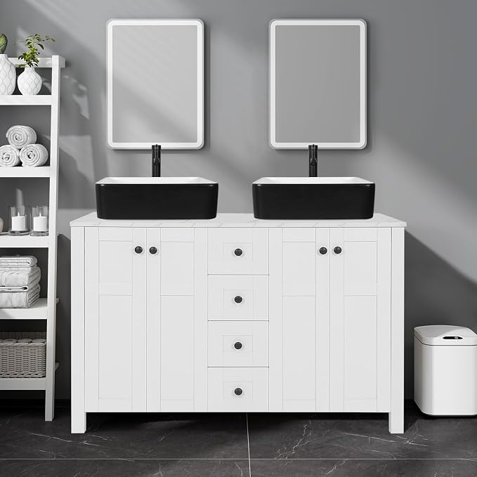 48" White Bathroom Vanity with Marble Texture Top and 4 Drawers