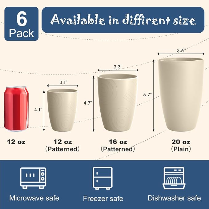 Unbreakable Wheat Straw Cups, Alternative to Plastic Cups Set 6 PCS, 16 OZ