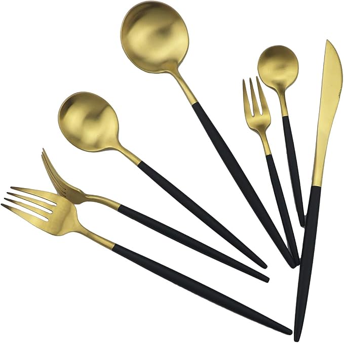 Black Gold Flatware, Royal 4 Piece Matte Black Handle 18/10 Stainless Steel Pie