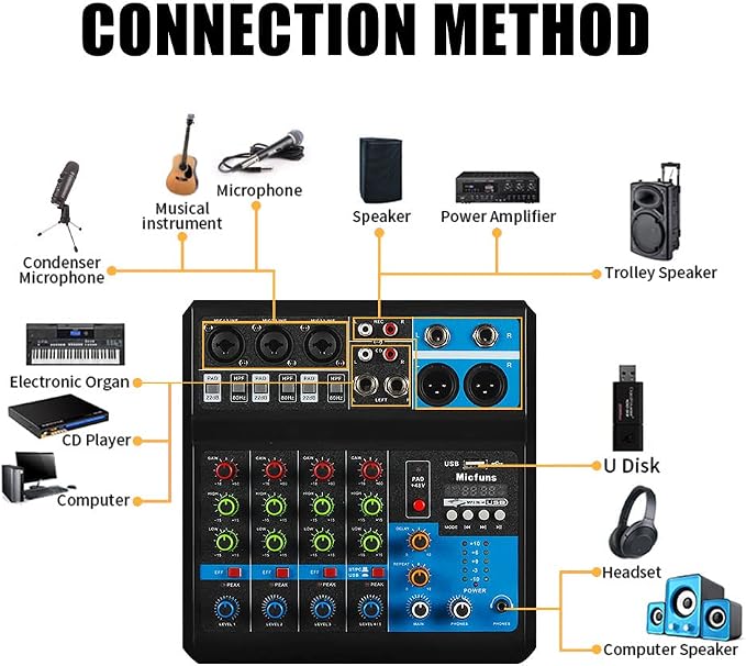 Mini audio DJ mixer Sound Board Console System, 5 Channel 48V Phantom Power
