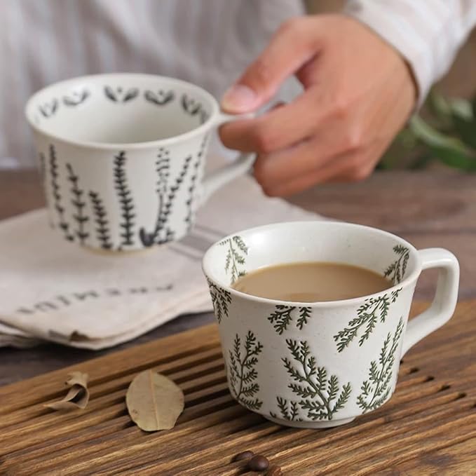 12 Ounce Ceramic Mug Set of 3 Embossed Leaf Ceramic Coffee Mugs, Vintage