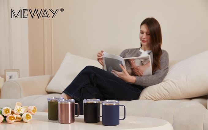 MEWAY 12oz Coffee Mug With Handle 4 Pack Bulk, Stainless Steel Insulated Travel