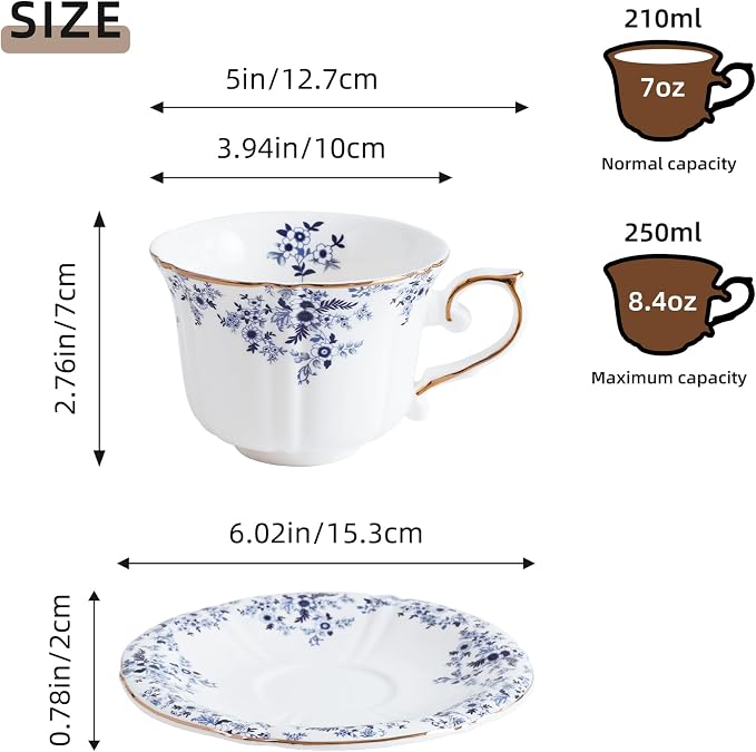 Ceramic Floral Cups with Saucers，7 oz Espresso Cups