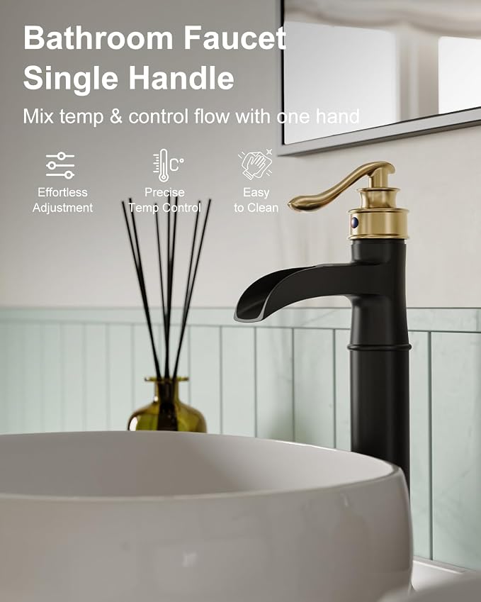 Waterfall Vessel Sink Faucet Black and Gold Bathroom Faucet 1 Hole