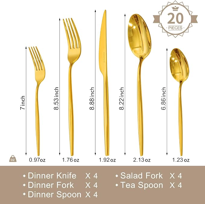 18/10 Silverware Set for 4, 20 Piece Gold Stainless Steel Flatware Cutlery |