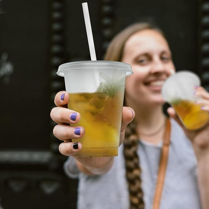 Reusable Translucent Plastic Cups - 16 oz Frosted Clear Cold Drink Tumbler -
