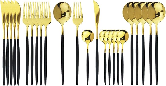 JASHII Flatware Serving Set 24 Piece, Stainless Steel Silverware Set, Titanium