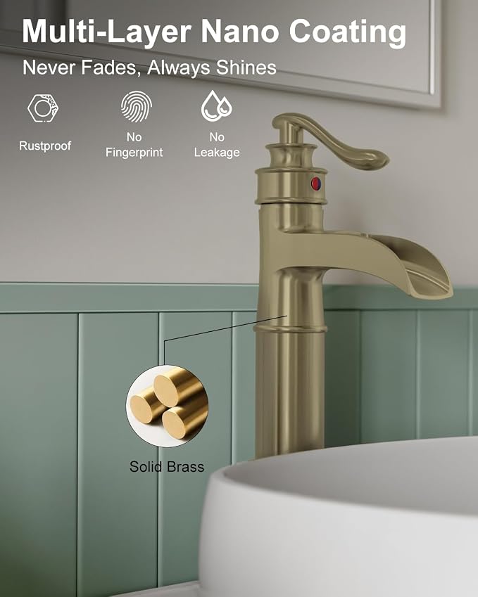Vessel Sink Faucet Brushed Gold Waterfall Bathroom Sink Faucet Single