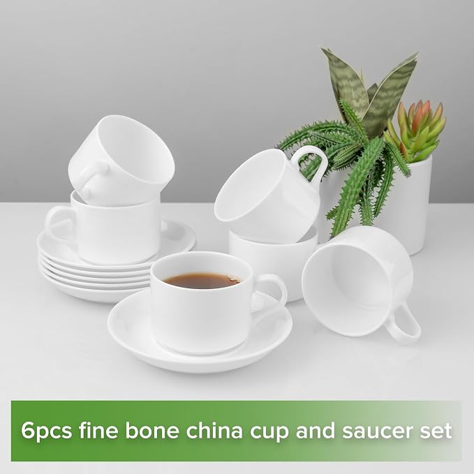 Fine Bone China Stackable Cup and Saucer Set of 6, Pure White Color Glaze Easy