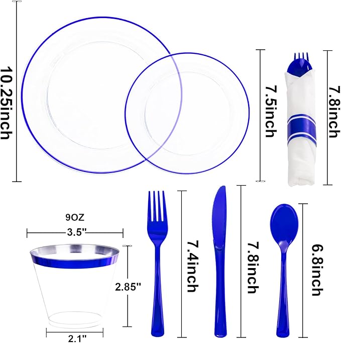 SUT 350 Pcs Blue and Clear Plastic Dinnerware Set