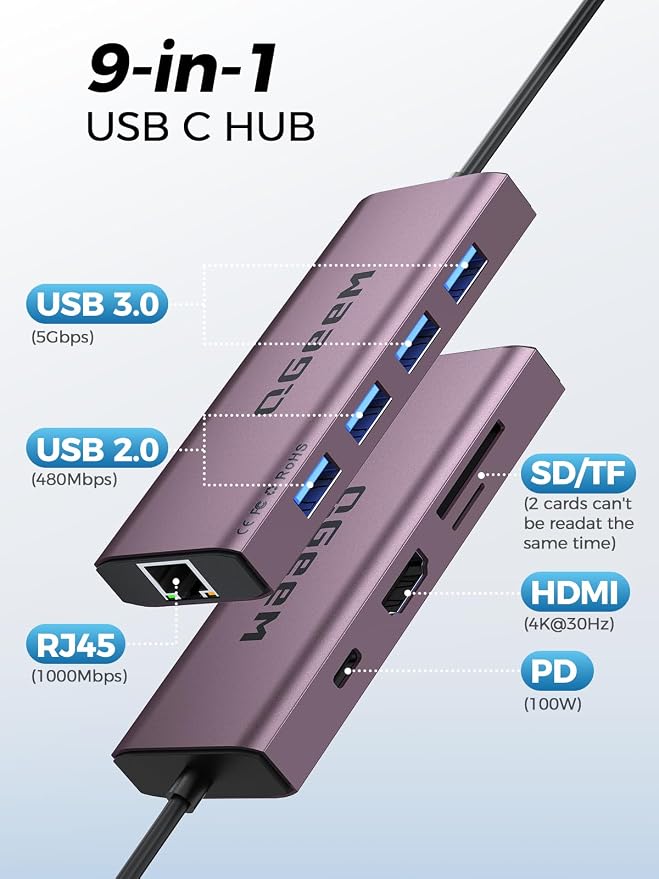 QGeeM USB C Hub Ethernet, 9 in 1 USB Type C Hub HDMI Multi-Port Converter