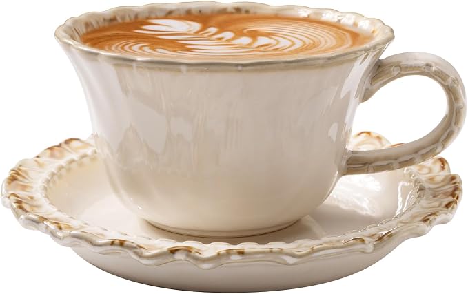 Vintage Porcelain Coffee Cup and Saucer Set, 12 OZ Ceramic Latte Mug