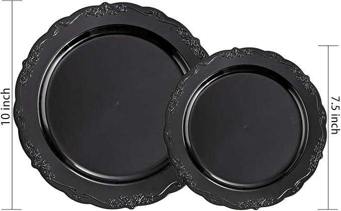 U-QE 100PCS Black Plastic Plates, Heavy Duty Black Plates Including 50PCS 10''