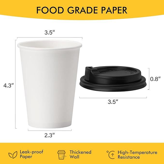 RACETOP Coffee Cups with Lids 12 oz, 50 Pack Disposable To Go Cups | Thickened