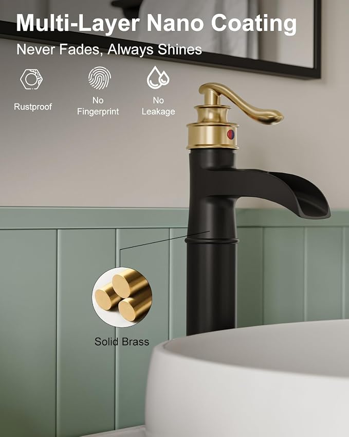 Waterfall Vessel Sink Faucet Black and Gold Bathroom Faucet 1 Hole