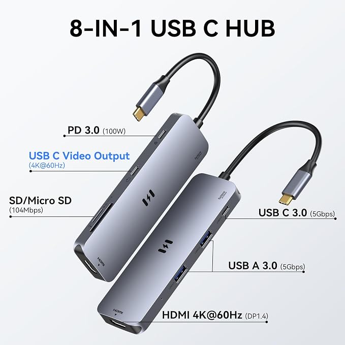 USB C Hub HDMI Adapter for MacBook Pro/Air, 8 in 1 USB C Video Hub