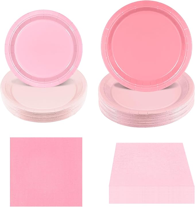 180Pcs Pink Party Supplies Paper Plates and Napkins Serve 60 | Disposable