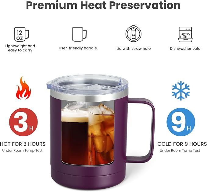 MEWAY 12oz Coffee Mug With Handle 2 Pack Bulk, Stainless Steel Insulated Travel