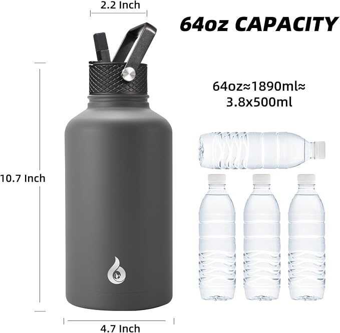 BJPKPK 64oz Insulated Water Bottle, Half Gallon Water Jug