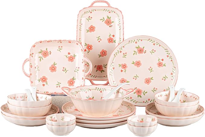 Ceramic Dinnerware Set, Floral Plates and Bowls Sets, Microwave & Dishwasher