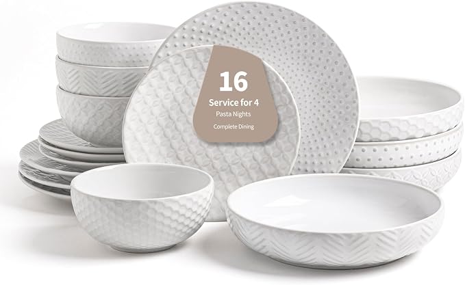 FOBENTA 16-Piece Ceramic Plates and Bowls Set, Dual Bowl Dish Set